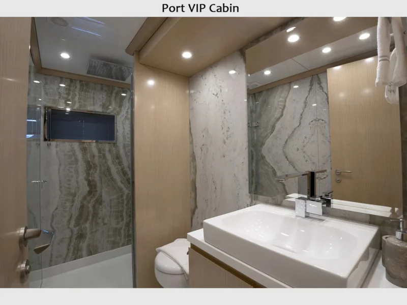 Princess Melda motor yacht charter, interior port VIP cabin bathroom
