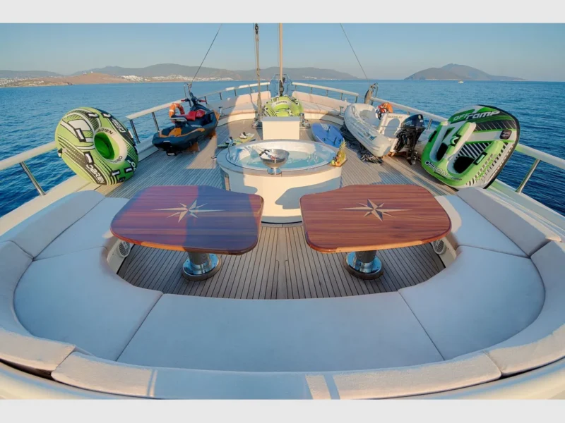 Queen of Salmakis gulet outdoor fore deck lounge area and water toys