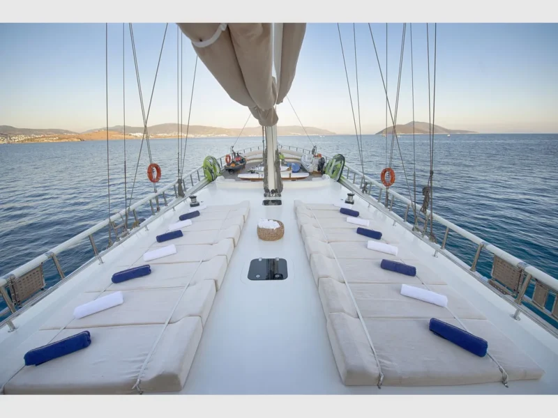Queen of Salmakis gulet outdoor fore deck sunbeds