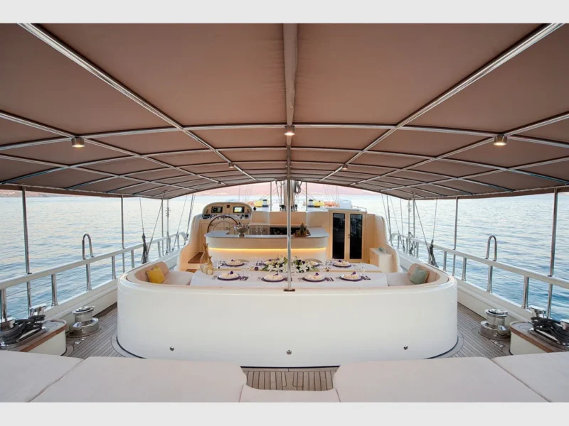 Queen of Salmakis gulet outdoor aft deck wide angle