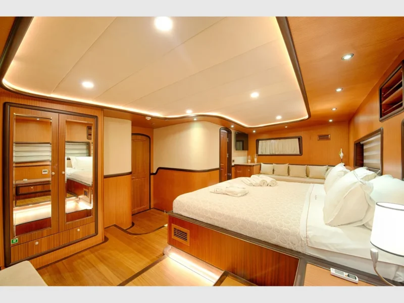 Queen of Salmakis gulet interior aft master cabin wide angle