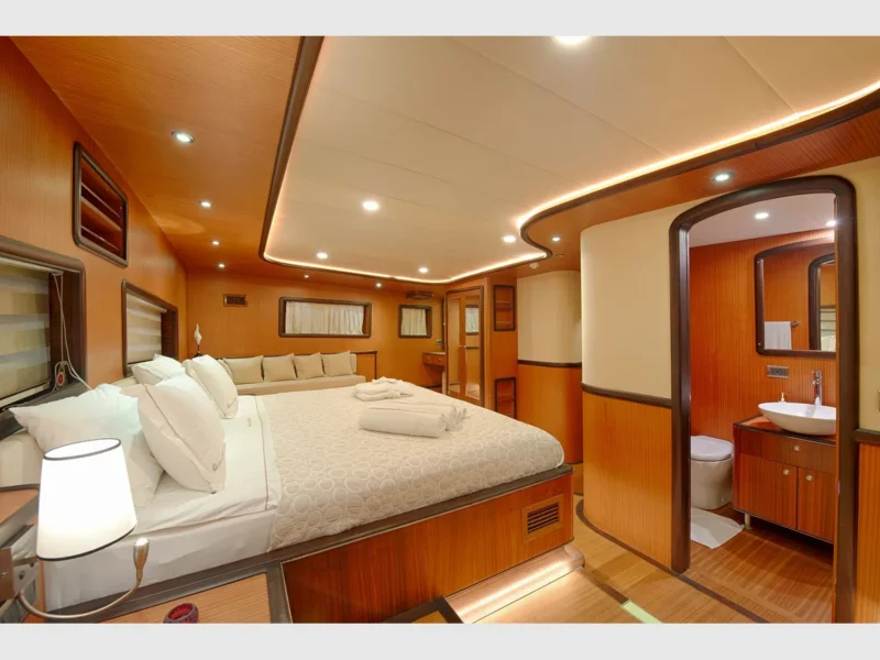 Queen of Salmakis gulet interior aft master cabin wide angle
