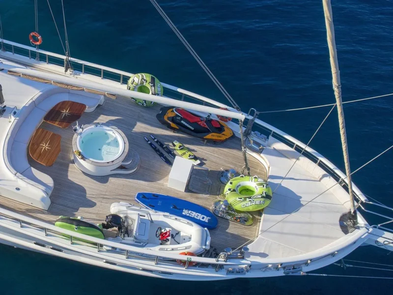Queen of Salmakis gulet outdoor aerial drone shot of the fore deck