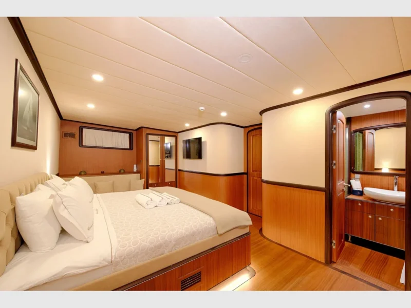 Queen of Salmakis gulet interior fore master cabin wide angle