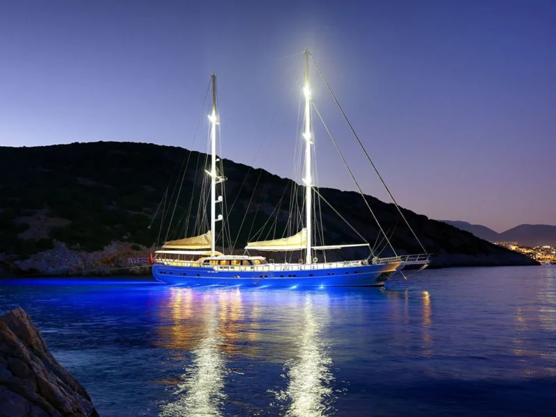 Queen of Salmakis gulet exterior shot at night