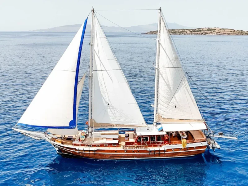 Sunworld 8 gulet charter yacht Bodrum, drone shot from port side while sailing