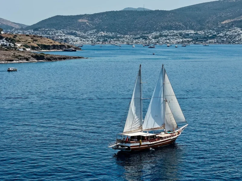 Sunworld 8 gulet charter yacht Bodrum, drone shot from starboard aft quarter side while sailing