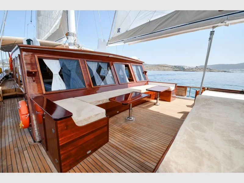 Sunworld 8 gulet charter yacht Bodrum, outdoor fore deck lounge area wide angle