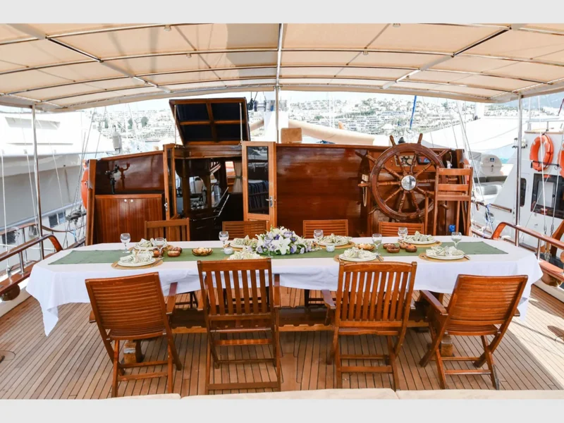 Sunworld 8 gulet charter yacht Bodrum, outdoor aft deck wide angle