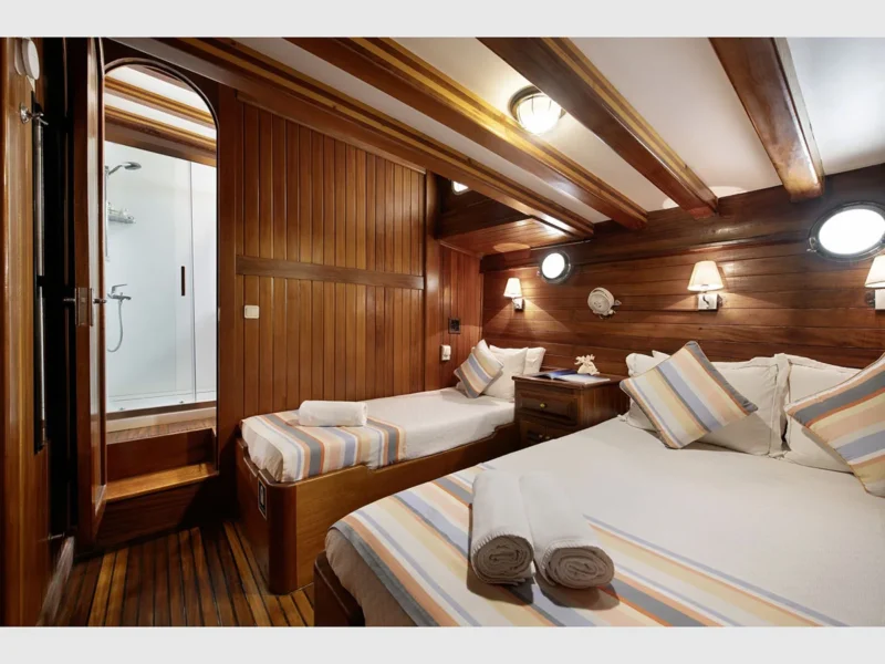 Sunworld 8 gulet charter yacht Bodrum, interior triple cabin 1 wide angle