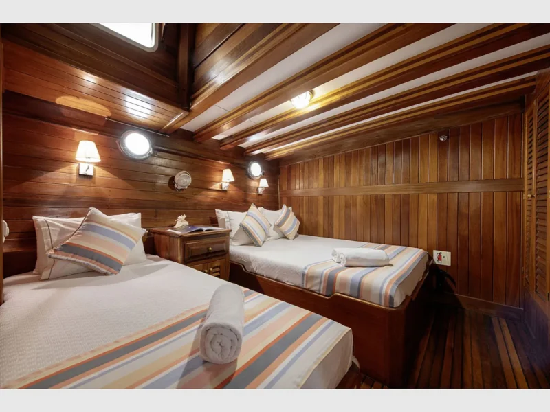 Sunworld 8 gulet charter yacht Bodrum, interior triple cabin 1 wide angle