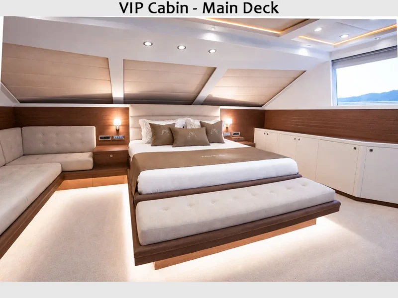 Panfeliss motoryat kiralık lüks yat iç mekan ana güverte VIP kabin