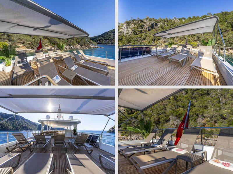Lila trawler Fethiye kiralık motoryat dış mekan üst güverte şezlonglar