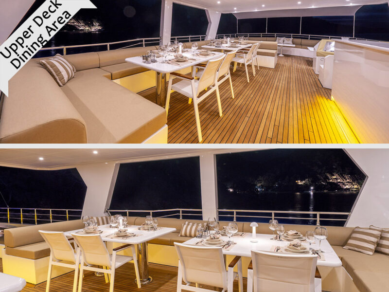 Lila trawler Fethiye kiralık motoryat dış mekan üst güverte gece ışıklandırmalı yemek masası