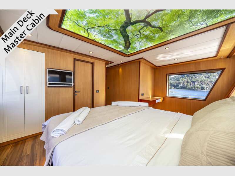 Lila trawler Fethiye kiralık motoryat iç mekan ana güverte VIP kabin panoramik deniz manzaralı