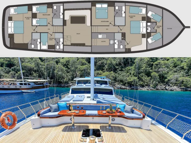 Gulet Maya Fethiye kiralık yat güverte planı kabin dağılımı