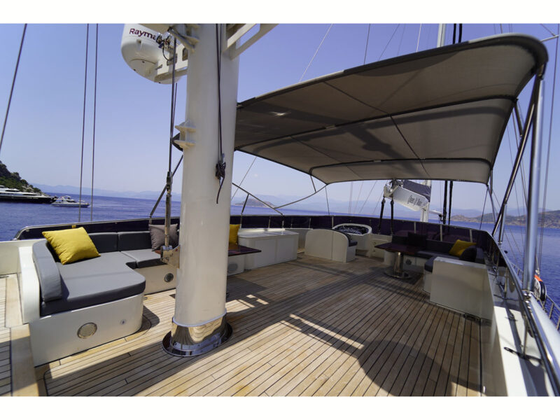 Queen of Makri outdoor upper deck seating areas and wheel house