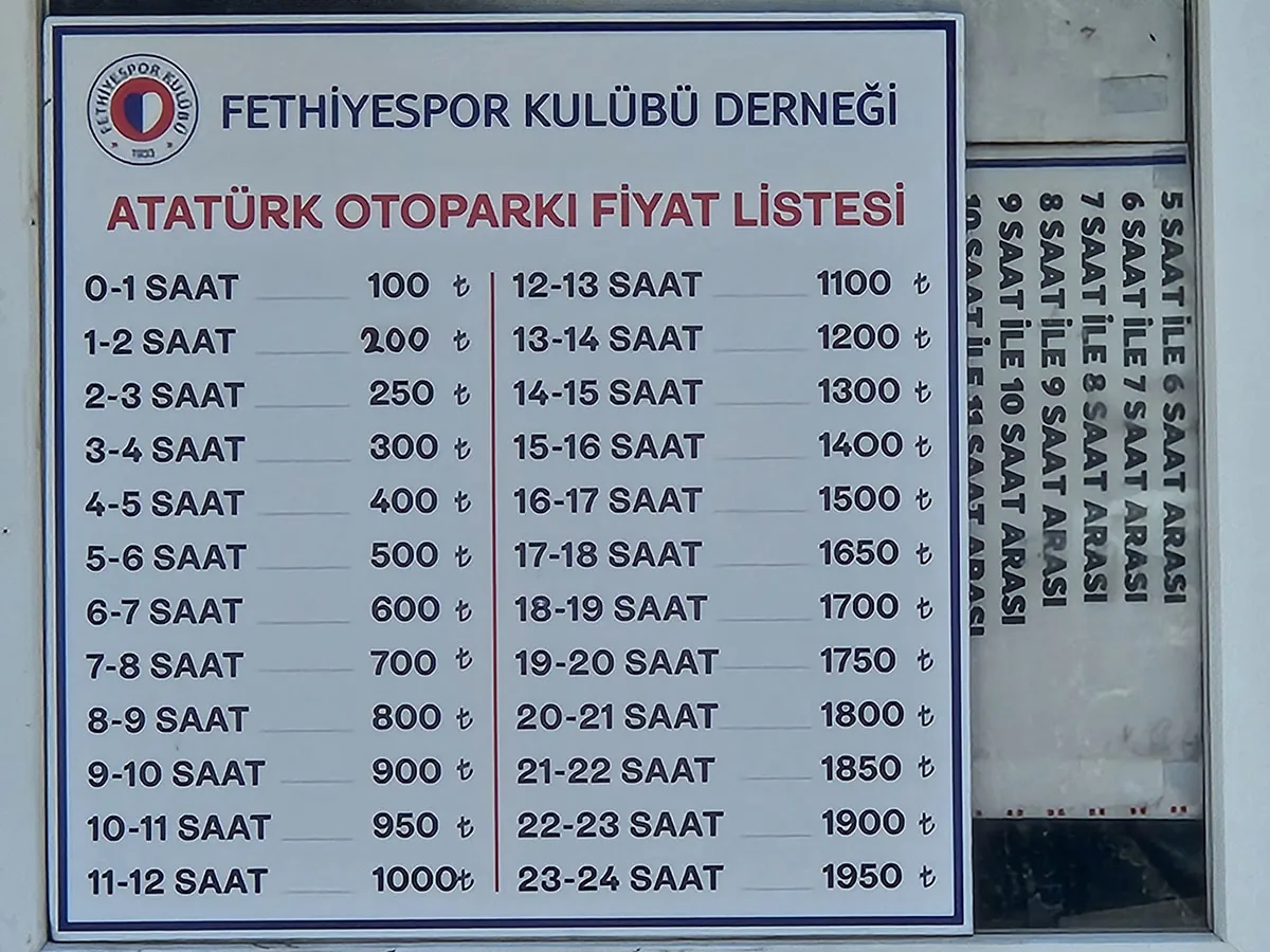 Fethiyespor Kulübü Derneği Atatürk Otoparkı Fiyat Listesi