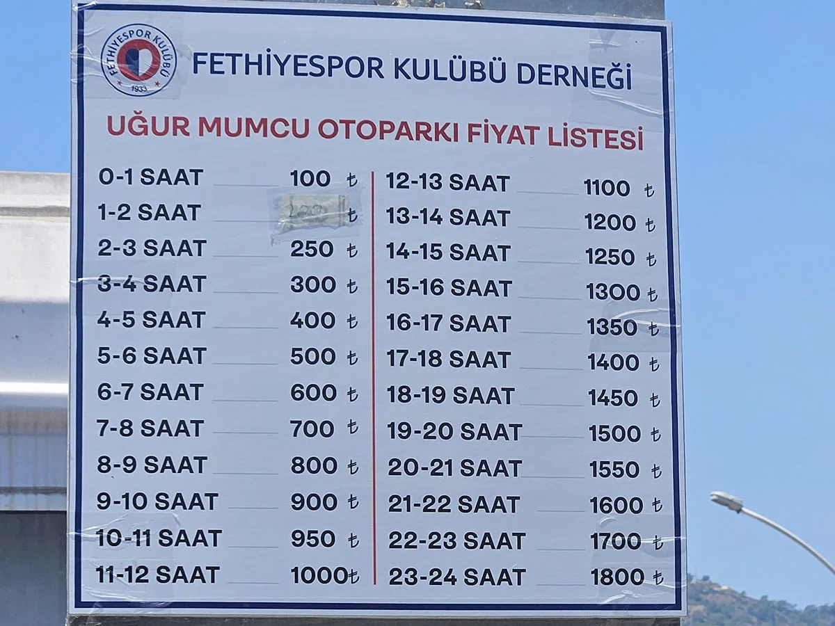 Fethiye Uğur Mumcu Otoparkı Fiyat Listesi