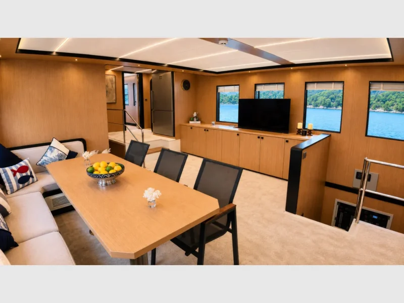 Beluga 1 trawler iç mekan salon yemek masası ve TV ünitesi