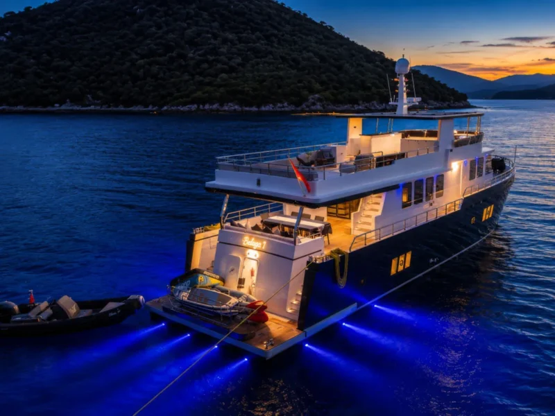 Beluga 1 trawler akşamüstü drone çekimi sualtı ışıklandırma