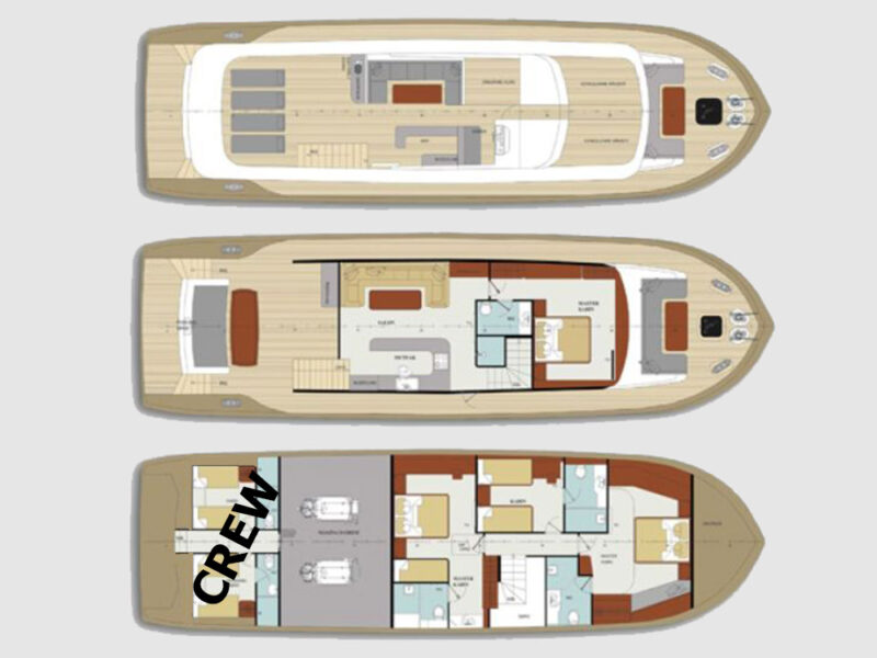 Bay CF trawler yat güverte planı kabin dağılımı