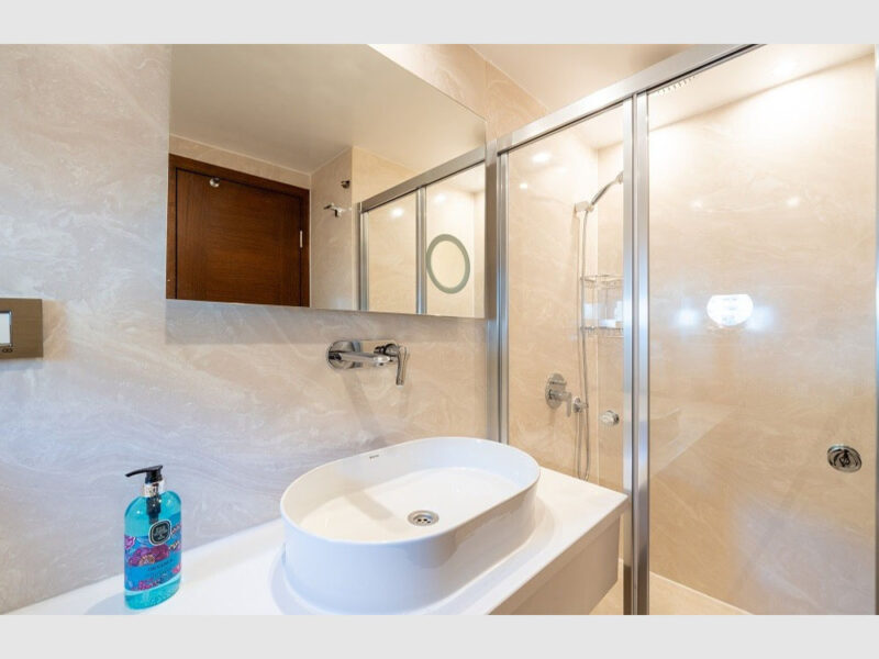Bay CF trawler kiralık yat iç mekan ana güverte VIP kabin banyo