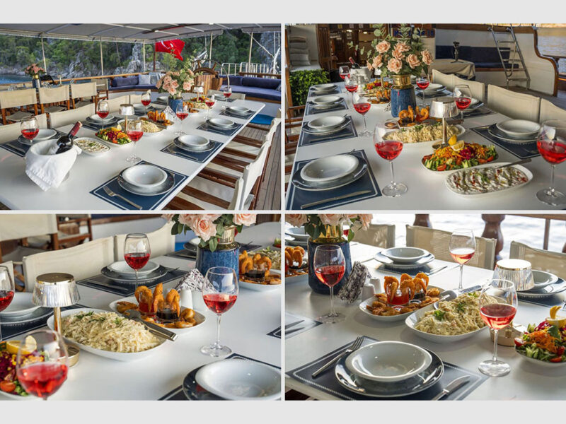 gulet Holiday 10 kiralık yat dış mekan kıç güverte yemek masası sunum detayları