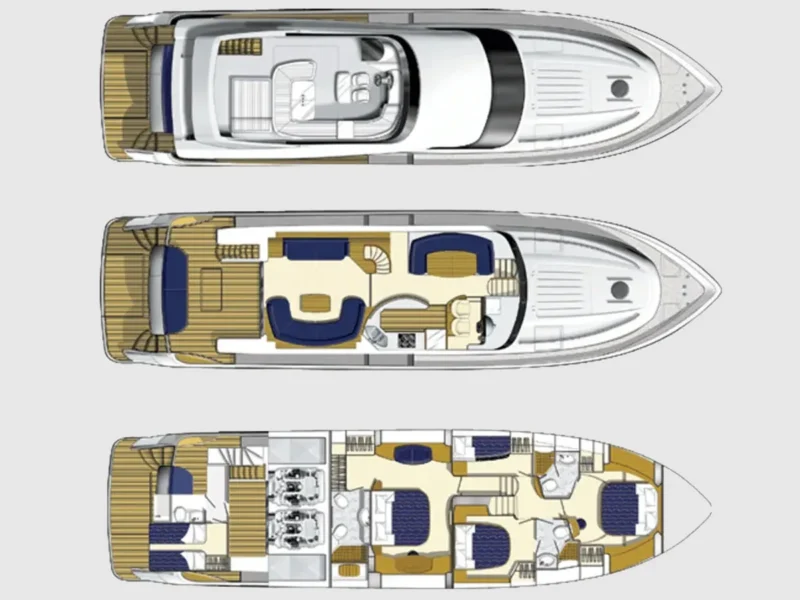 Bormus-2 Princess 21M motoryat güverte planı kabin dağılımı