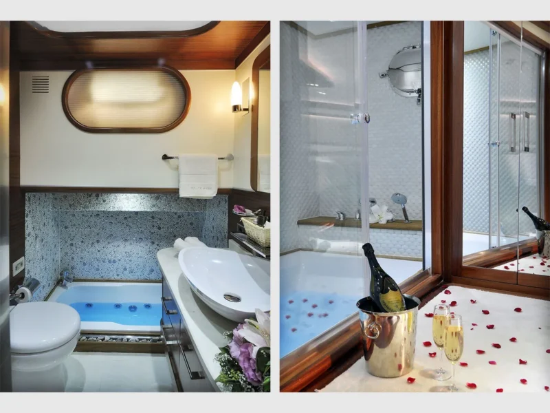 Dolce Mare gulet kiralama lüks yat, iç mekan baş master kabin banyo ve jakuzi