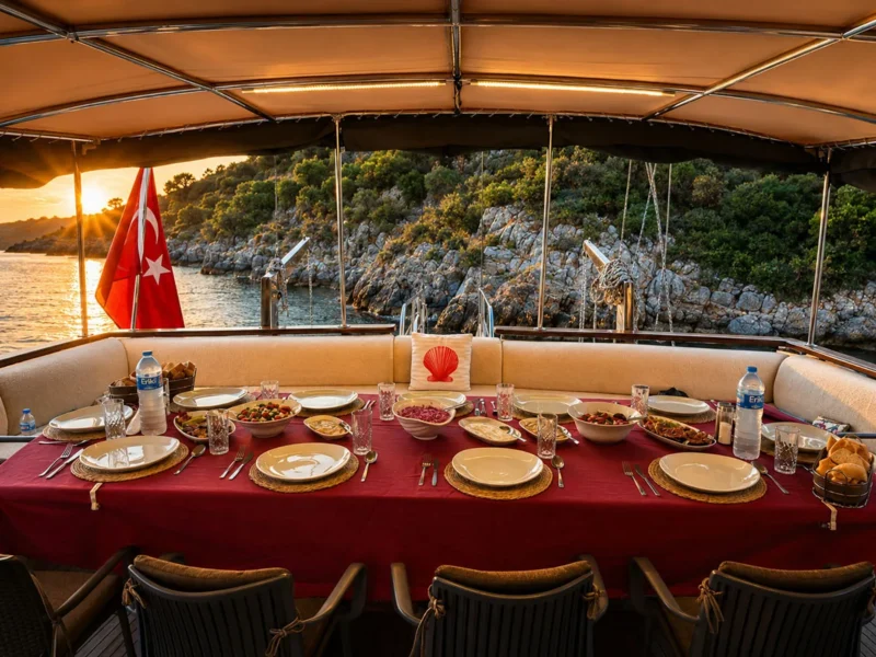 Flores gulet kiralık yat dış mekan kıç güverte yemek masası servis düzeni