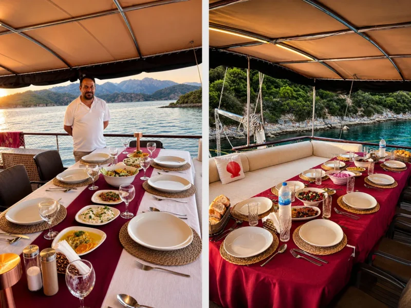 Flores gulet kiralık yat dış mekan kıç güverte yemek masası servis düzeni